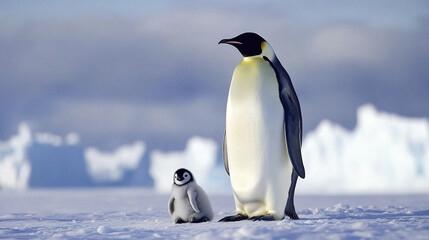 Obraz premium majestic emperor penguin stands tall with its chick on icy terrain