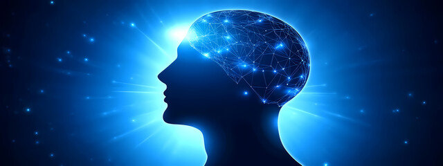 Mind's Illuminated Horizon: An artistic representation of the human mind, depicted in silhouette with glowing neural networks, symbolizing the vastness of knowledge, creativity and innovation.
