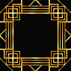 Golden decorative empty frame. Art Deco square line art border for social media, post card, banner on black