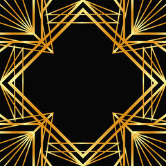 Golden decorative empty frame. Art Deco square line art border for social media, post card, banner on black