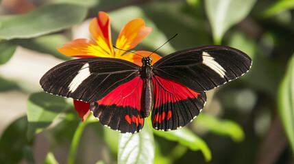 vibrant butterfly with red and black wings rests on flower