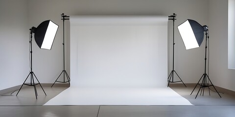 Empty photo studio with clean seamless white background and symmetrical lighting gear, ideal for high-quality images, fashion shoots, and professional visual production

