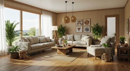 Fototapeta premium Warm sunlight illuminates serene living room natural decor. AI Generated