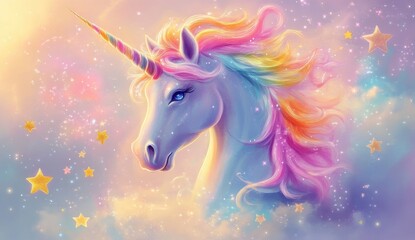 Fototapeta premium Rainbow maned unicorn portrait against a pastel sky, sparkling stars and glitter. Whimsical, magical, dreamy art