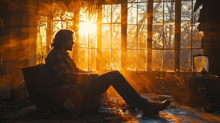 Golden Hour Solitude: A Man Contemplates in a Sun-Drenched Ruin