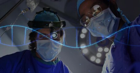 In hospital, surgeons operating in room with DNA strand animation overlay - Powered by Adobe