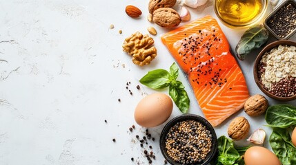 Healthy Food Ingredients with Salmon, Eggs, Nuts, and Oats for a Balanced Diet