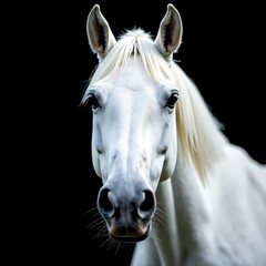 Obraz premium A close -up, the face of a white horse on the full screen looks directly into the camera, on a dark background