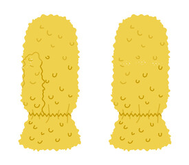 Pile Fur One-Fingered Mitten Gloves Wrist length yellow cartoon Fashion hand accessory clothing technical illustration garment. Vector front back view for Men women style flat template CAD mockup