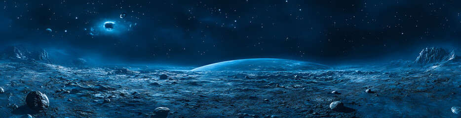 Cosmic Horizon: An otherworldly landscape unfolds, revealing the vastness of space with celestial bodies dotting the dark canvas. The image is a surreal panorama.