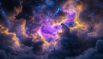 Cosmic clouds of purple, gold, and blue hues swirl among countless stars, creating a breathtaking celestial scene. Darker clouds contrast with