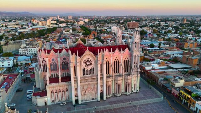 Leon, Guanajuato. Mexico, January 29, 2025: Aerial view of the Expiatory Temple at sunset, symbol of the city of Leon Guanajuato for its neo-gothic style.