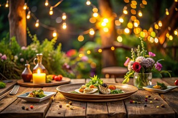 Fototapeta premium Night Garden Feast: Delicious Food Photography at Dusk