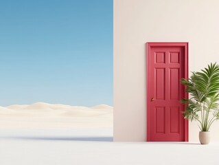 A vibrant red door stands against a minimalist wall in a serene desert landscape