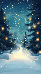 A snowy forest with a path leading through it