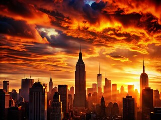 Fototapeta premium NYC Skyline Silhouette Sunset - Dramatic Urban Skyscrapers