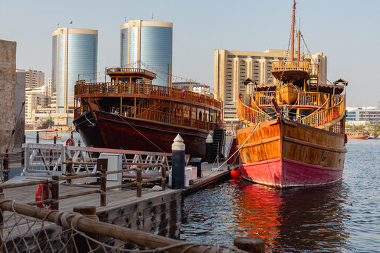 Traditional Dhows Docked at Dubai Creek