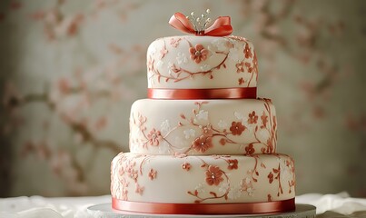 A beautiful three tiered cake decorated with floral designs