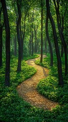 Obraz premium A winding forest pathway basked in sunlight through the trees