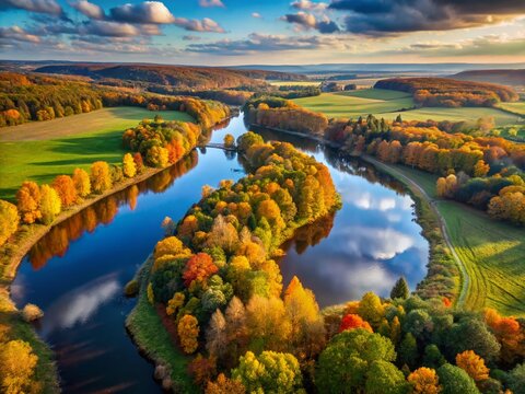 Panoramic Autumn River Nerl, Golden Fields, Russian Countryside Landscape