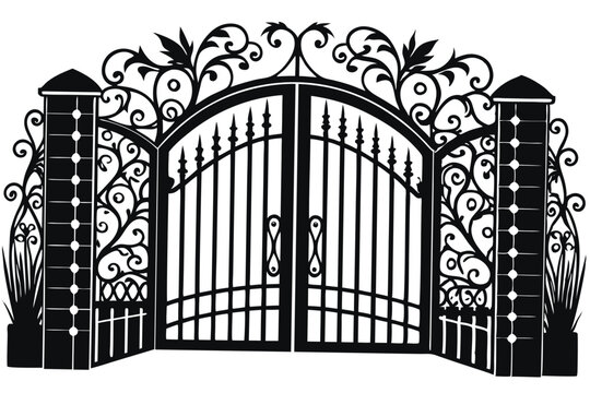 Vector illustration wrought-iron fence. Old metal fence or gate. Gate silhouette. Modern forged gates