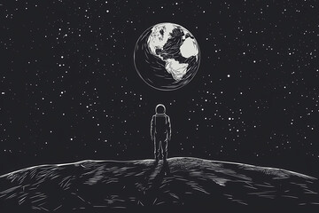 Contemplating Cosmos: An astronaut gazes towards planet earth in a stunning black and white illustration, symbolizing exploration and humanity's place in the universe.