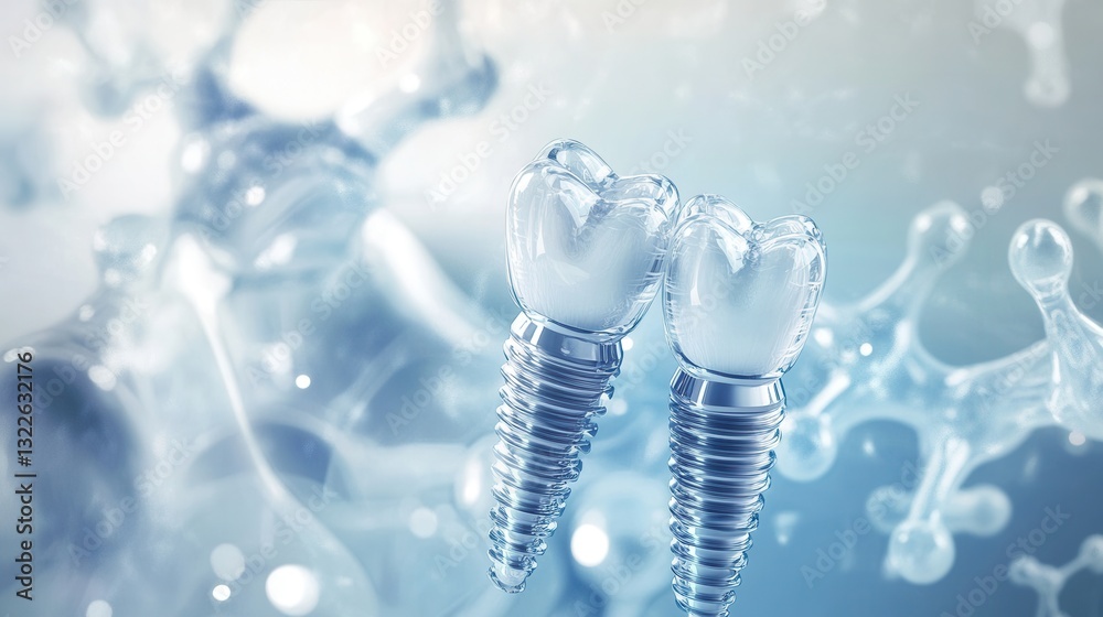 Poster floating molecular structures and titanium dental implants showcase advancements in dental technolog