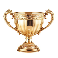 Antique gold trophy cup with handles, cut out. Isolated on a transparent background.
