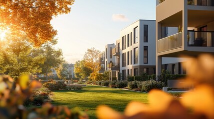 Autumnal Serenity with Modern Apartment Buildings in a Lush Park