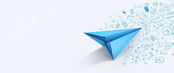 Fototapeta premium Paper Airplane and Social Icons: A symbolic blue paper airplane, a beacon of innovation, takes flight amidst a cascade of abstract social media icons.