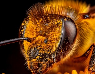 Macro of a bee covered in golden pollen, every tiny hair and speck visible in high detail