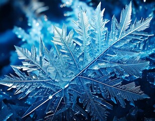 ice crystal formations under a microscope, glowing blue and white, creating abstract pattern