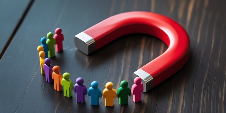Creative representation of magnet attracting people icons on a wooden surface, illustrating business concepts like engagement, influence, customer retention, and inbound marketing

