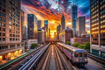 Fototapeta premium Panoramic View of Chicago's Elevated Train System at Sunset