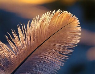 Macro of a bird’s feather covered in delicate frost patterns, glowing in soft morning light