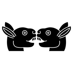 Symmetrical animal design with two stylized heads of a hare or rabbit. Ethnic Native American symbol from Mexican codex. Black and white silhouette.