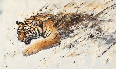 An expressive painting depicts a tiger in aggressive movement