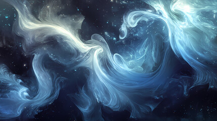 Obraz premium Luminous flowing shapes. bright gradients in silver mist and cosmic blue. evolving curves merging into abstract designs. Luminous Mist. Illustration