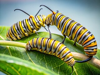 Naklejka premium Panoramic View: Two Monarch Butterfly Caterpillars Feasting on a Leaf