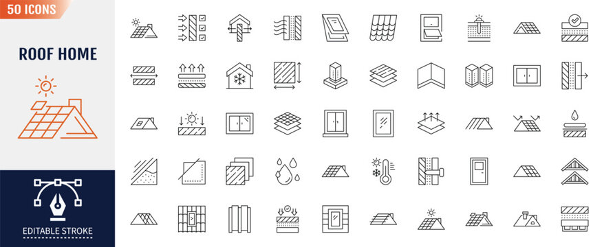 Roof home icon set. Containing icons: Window, construction, protection, housetop construction materials, waterproofing, and more. Vector illustration