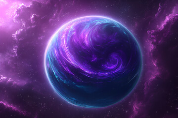A deep-space telescope capturing an exoplanet with swirling purple and blue clouds, orbiting a binary star system

