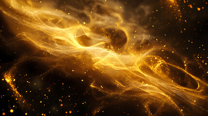 Mysterious golden mist swirling in a dark abstract background with eerie glowing tendrils and wispy threads, ethereal. Luminous Mist. Illustration