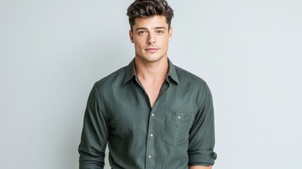 The illustration features a confident and attractive man with short dark hair wearing a casual button down shirt and jeans, standing against a plain background