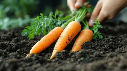 Freshly Harvested Carrots Are Being Pulled From Rich Dark Soil