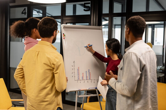 Group of people writing on whiteboard in office