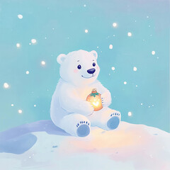 A cartoon bear is sitting on a snowy hill holding a lantern