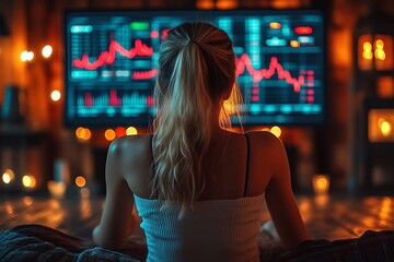 Woman Watching Stock Market Data on Tv Screen at Home