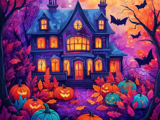 A house with a porch and a porch swing is surrounded by pumpkins and bats