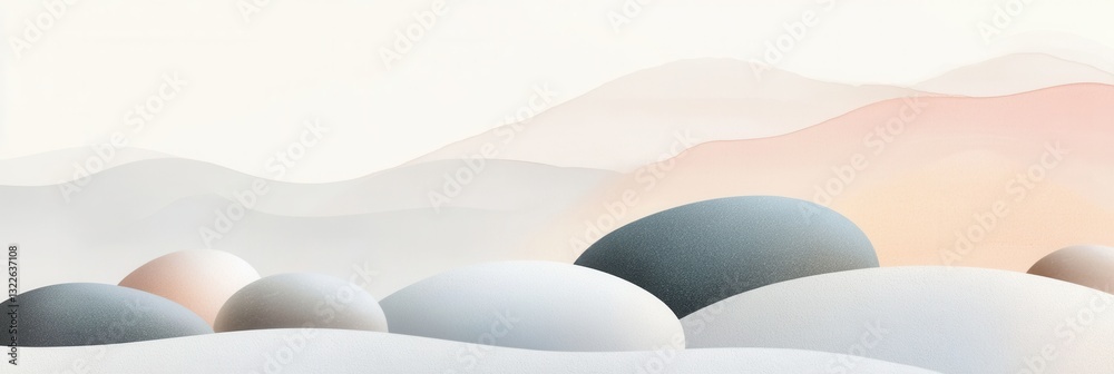 Poster serenity found in minimalistic zen-inspired landscapes with soft textures and pastel colors enhancin