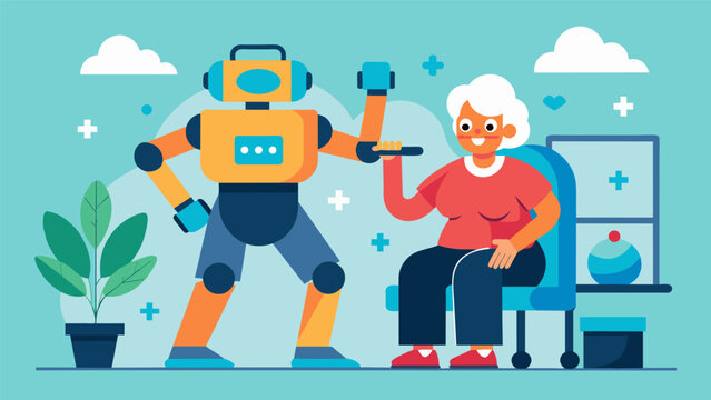 A robot assistant helping an elderly person with their daily exercises ensuring they stay active and healthy.. Vector illustration